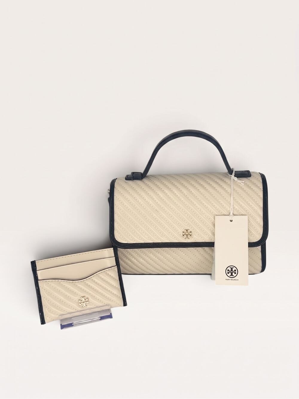 $710 Tory Burch Emerson Quilted Ivory Satchel + Card Holder Matching Set